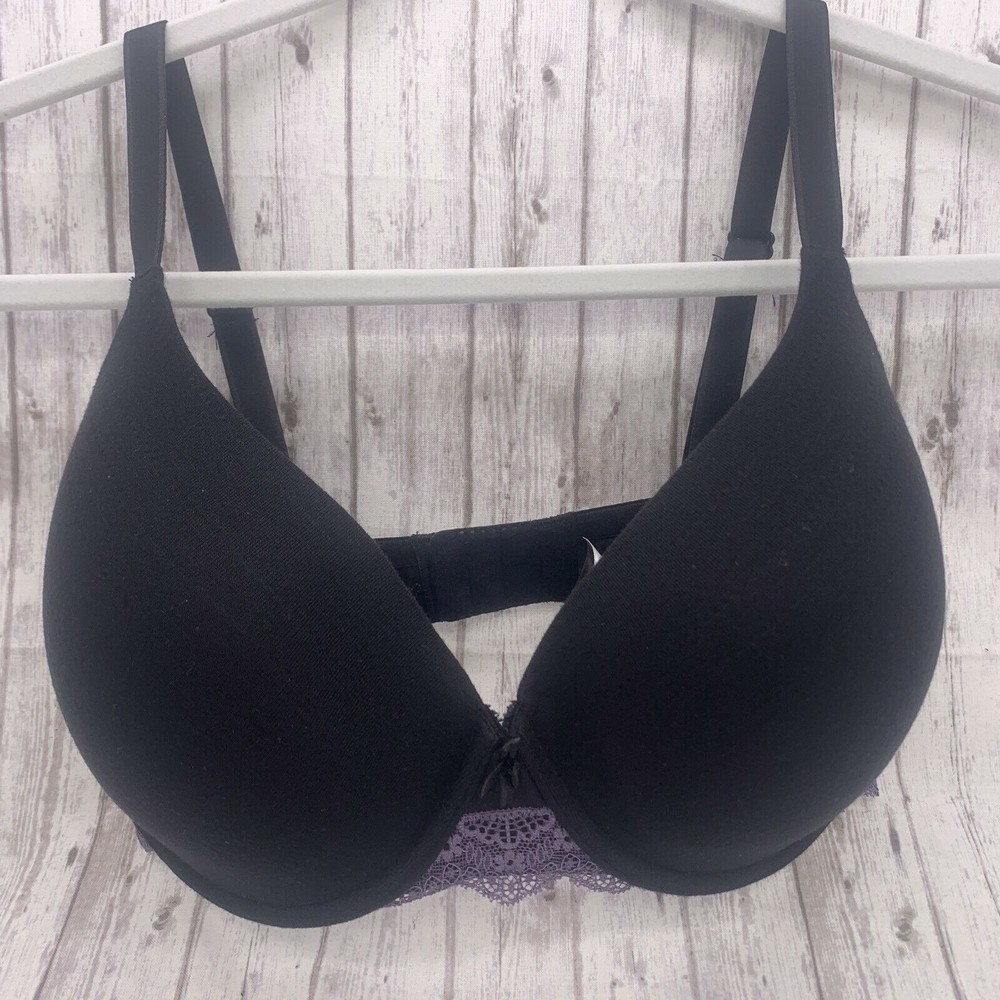 Adore Me Womens 34DDD Lined T Shirt Underwire Padded Demi Bra Black Purple Lace